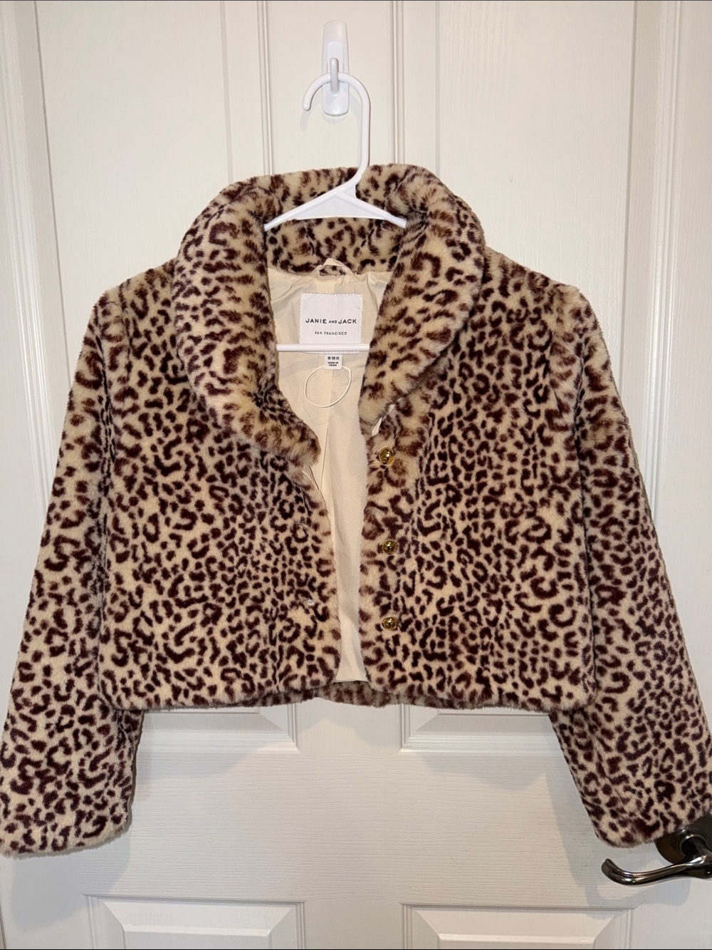 Janie and Jack Leopard Print Faux-Fur Cropped Jacket - Cream & Brown